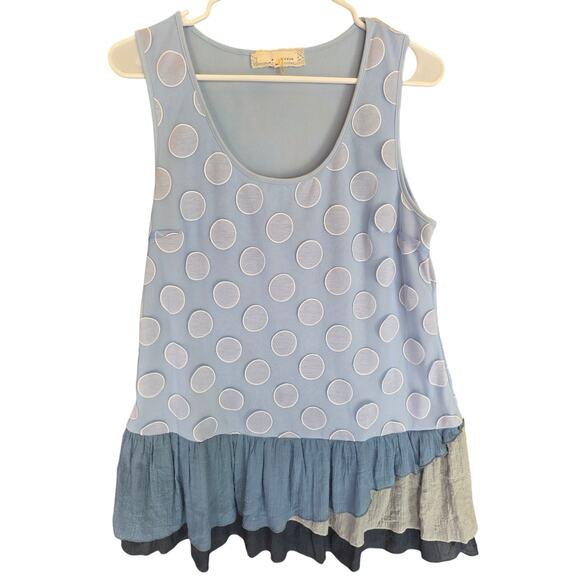 Areve Ruffled Cottage Core Tank M Womens Mixed Media Blue Polka Dot Whimsy - Picture 1 of 5
